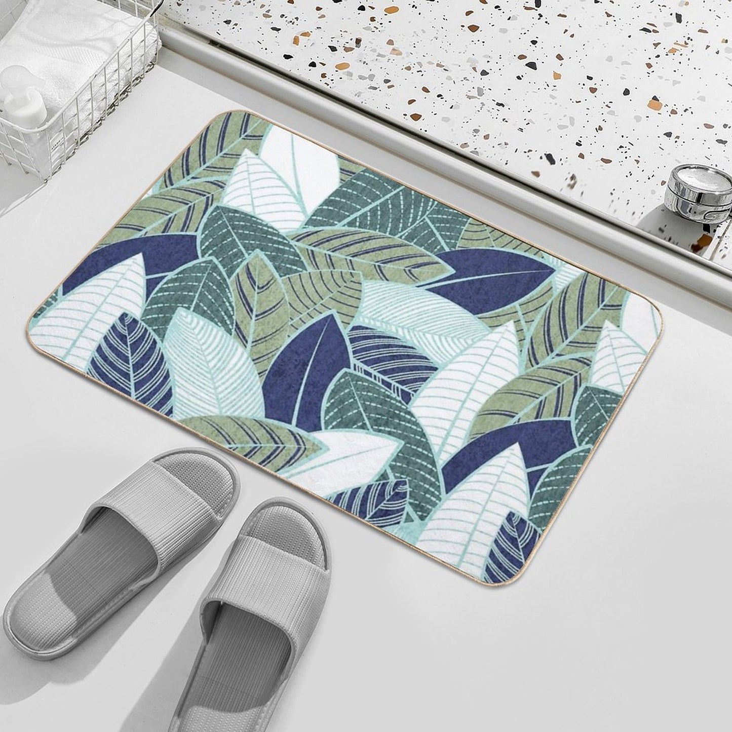 Leaf Wall  Navy Blue Pine And Sage Green Leaves Mint Lines  Anti-Trip Bath Mat