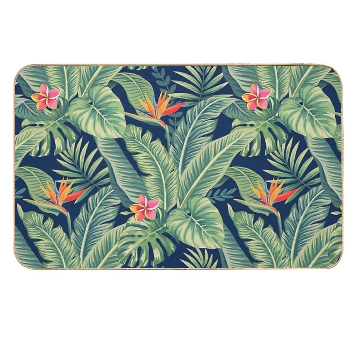 Tropical Banana Monstera Palm Leaves & Flowers  Non-Slip Bath Mat
