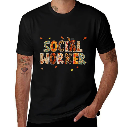 Funny Social Worker Pumpkin Autumn Tree Fall Leaves  Eco-friendly Material T-Shirt