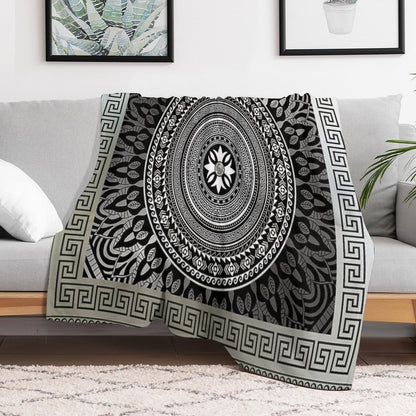Ornate Baroque Silver Black White Greek Keys Border Gift-ready Throw Blanket