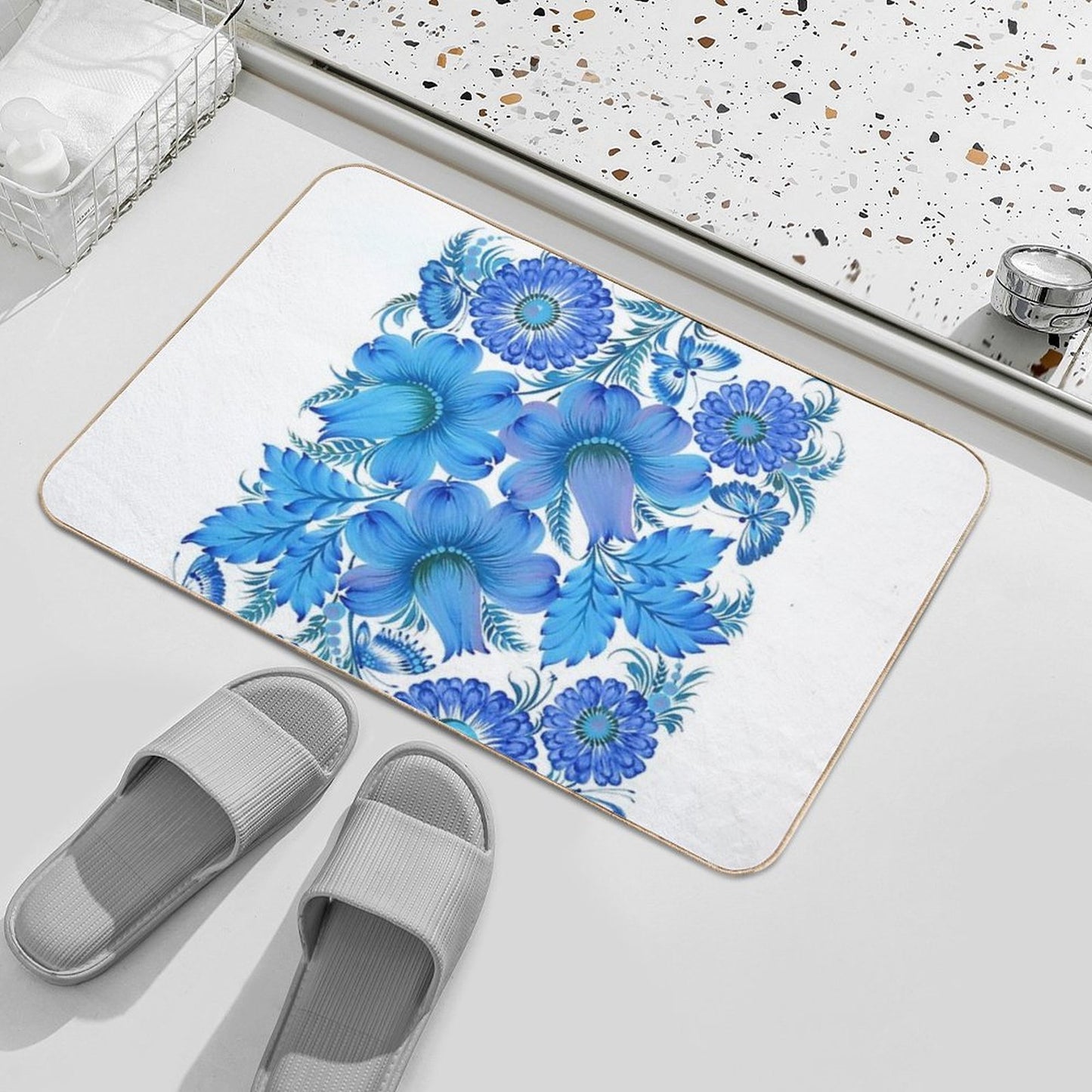 Blue Harmony – Petrykivka Floral Art  Easy To Clean Bath Mat