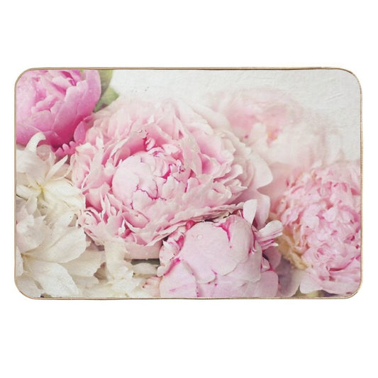 Peonies on White Durable Bath Mat