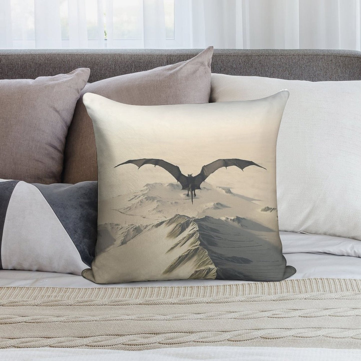 Grey Dragon Flight Over Snowy Mountains Soft Multiple Sizes Throw Pillow