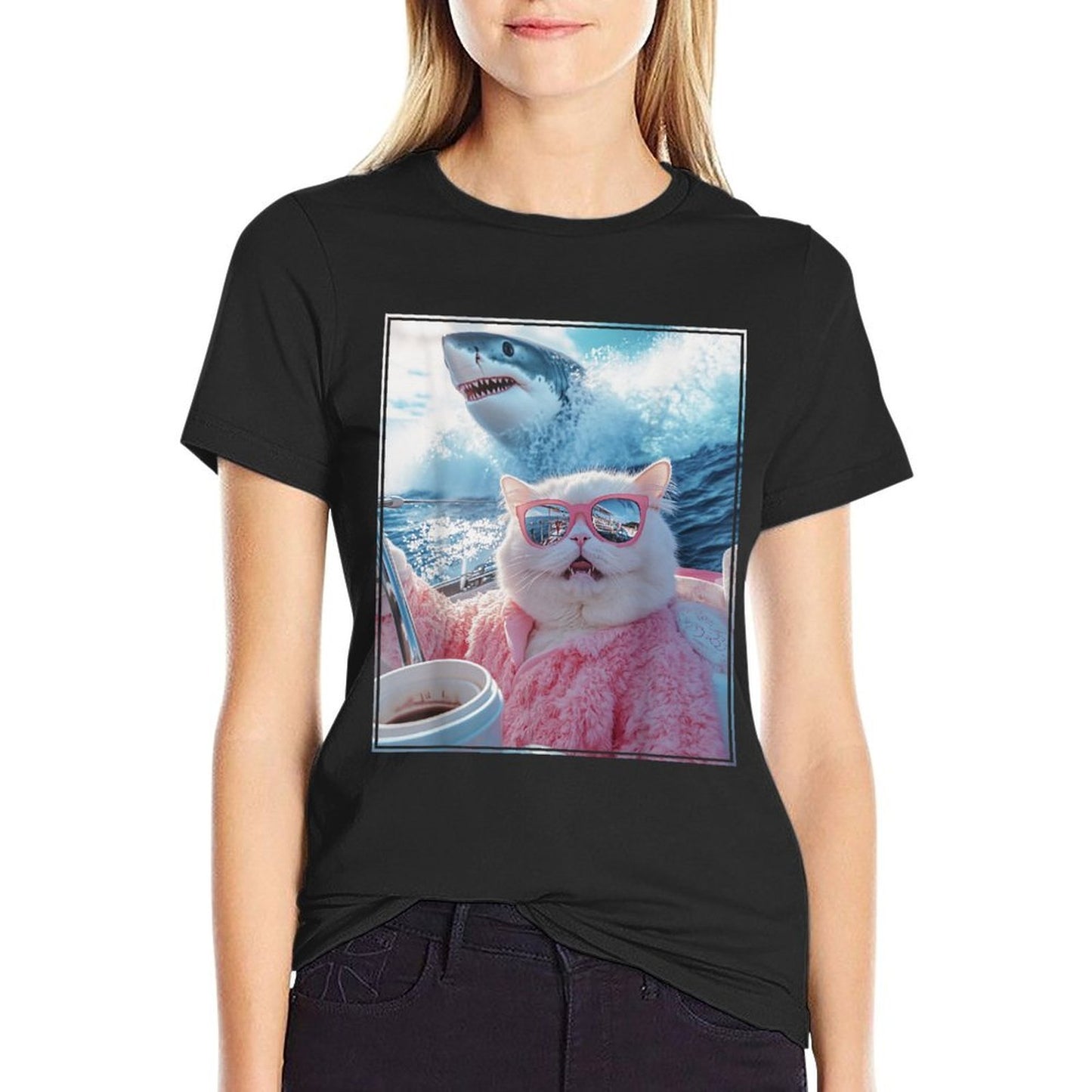 Funny Cat Shark Meme Selfie Cat on A Yacht Boat Men Women Kids  Quick-drying T-Shirt