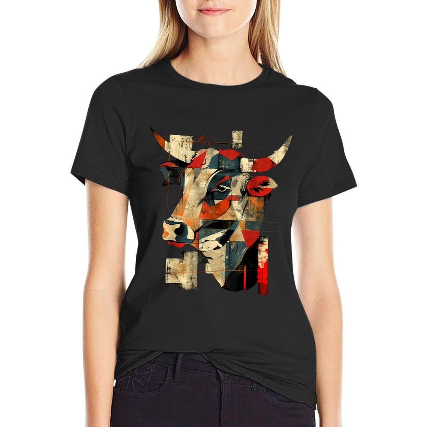 Artsy Bull Rider on Abstract Men Women Rodeo Bull Riding  Fade-proof Color T-Shirt