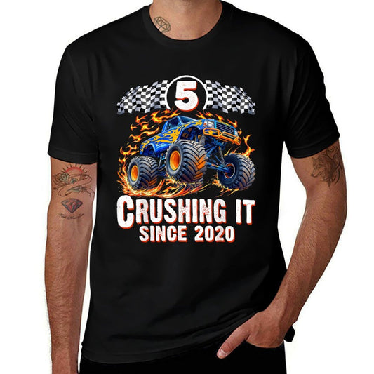 Birthday Monster Truck 5 Year Old Boys 5th Party Born 2020  Wrinkle-resistant T-Shirt