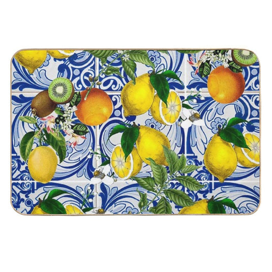 Mediterranean Lemon on Blue Ceramic Tiles  Absorbent Bath Mat