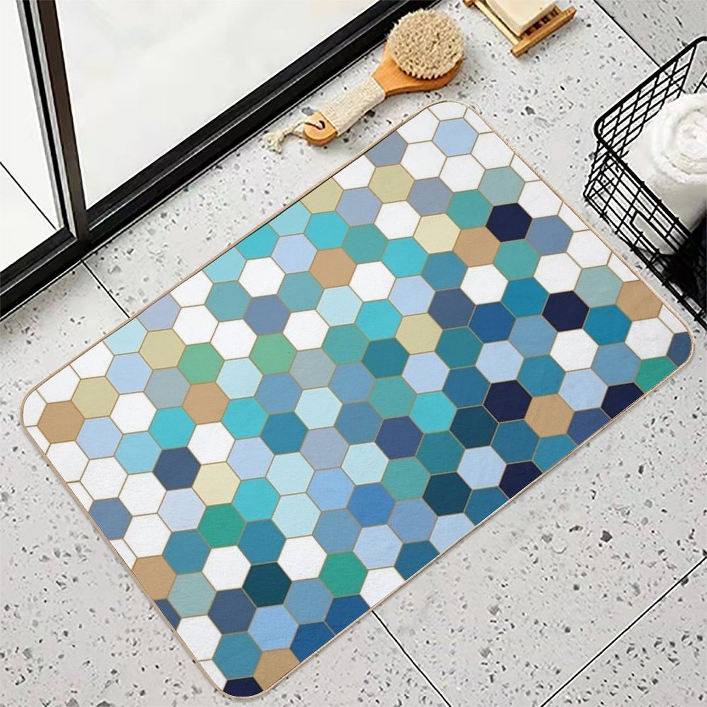 Blue Hexagon Durable Bath Mat