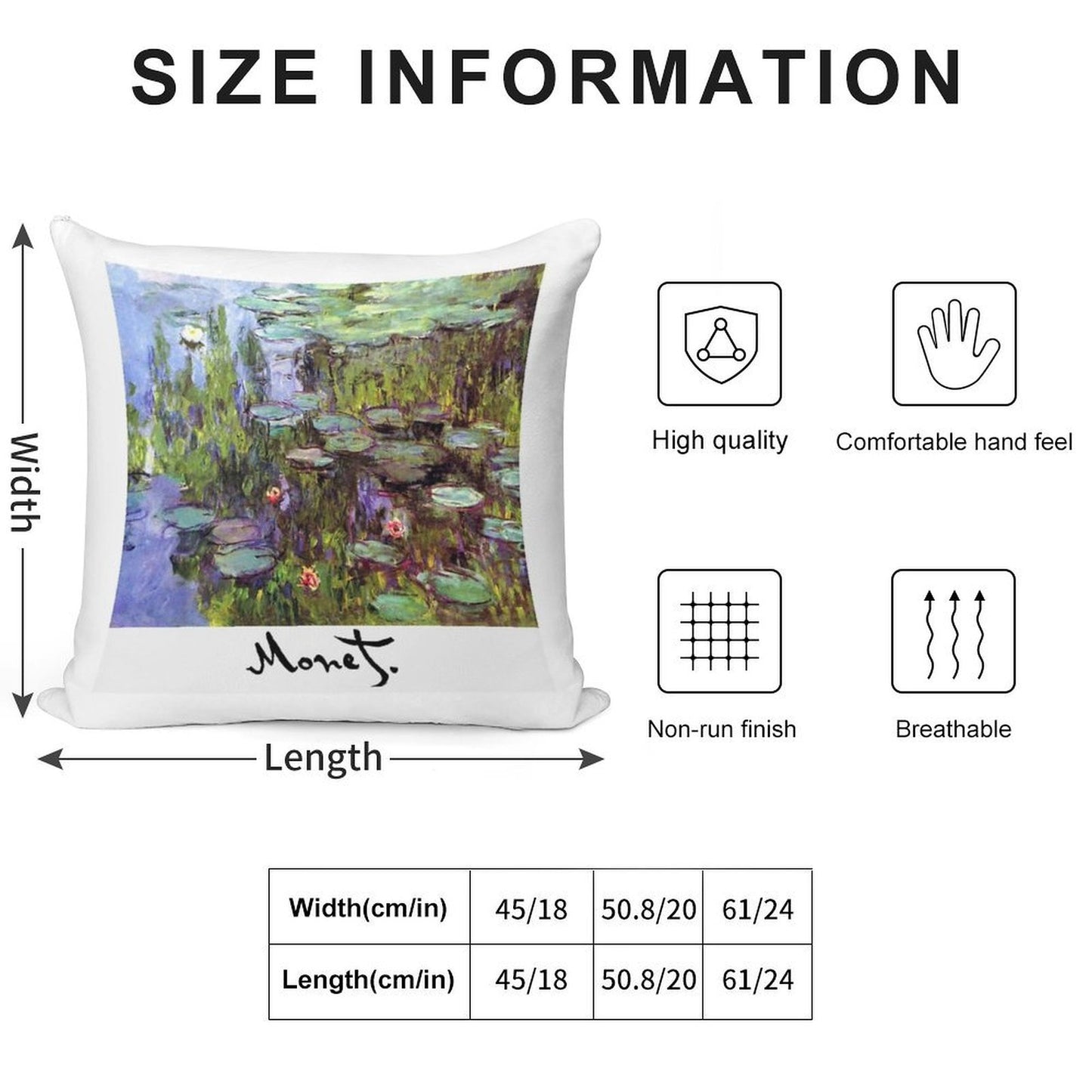 Monet - Waterlilies (Nympheas) Soft Reinforced Edging Throw Pillow