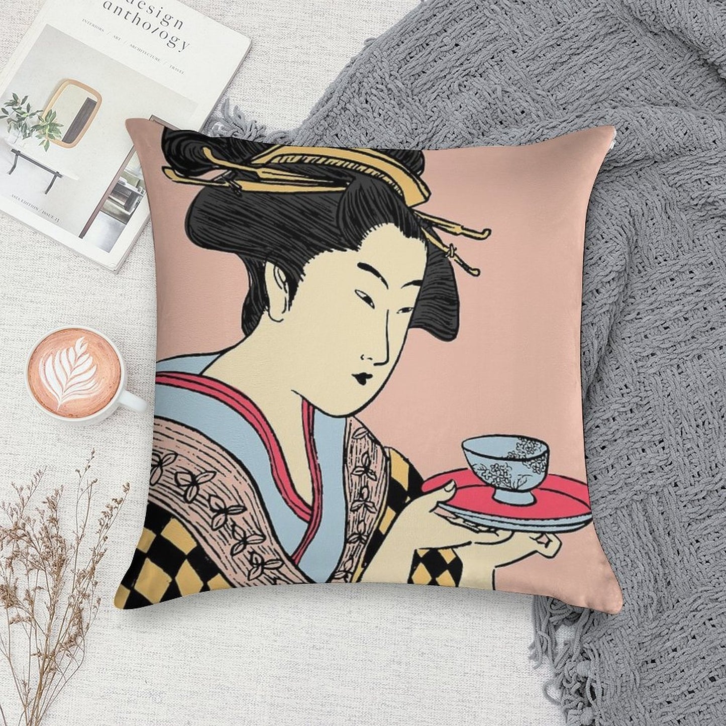 Geisha's Tea Time Soft Skin-Friendly Throw Pillow