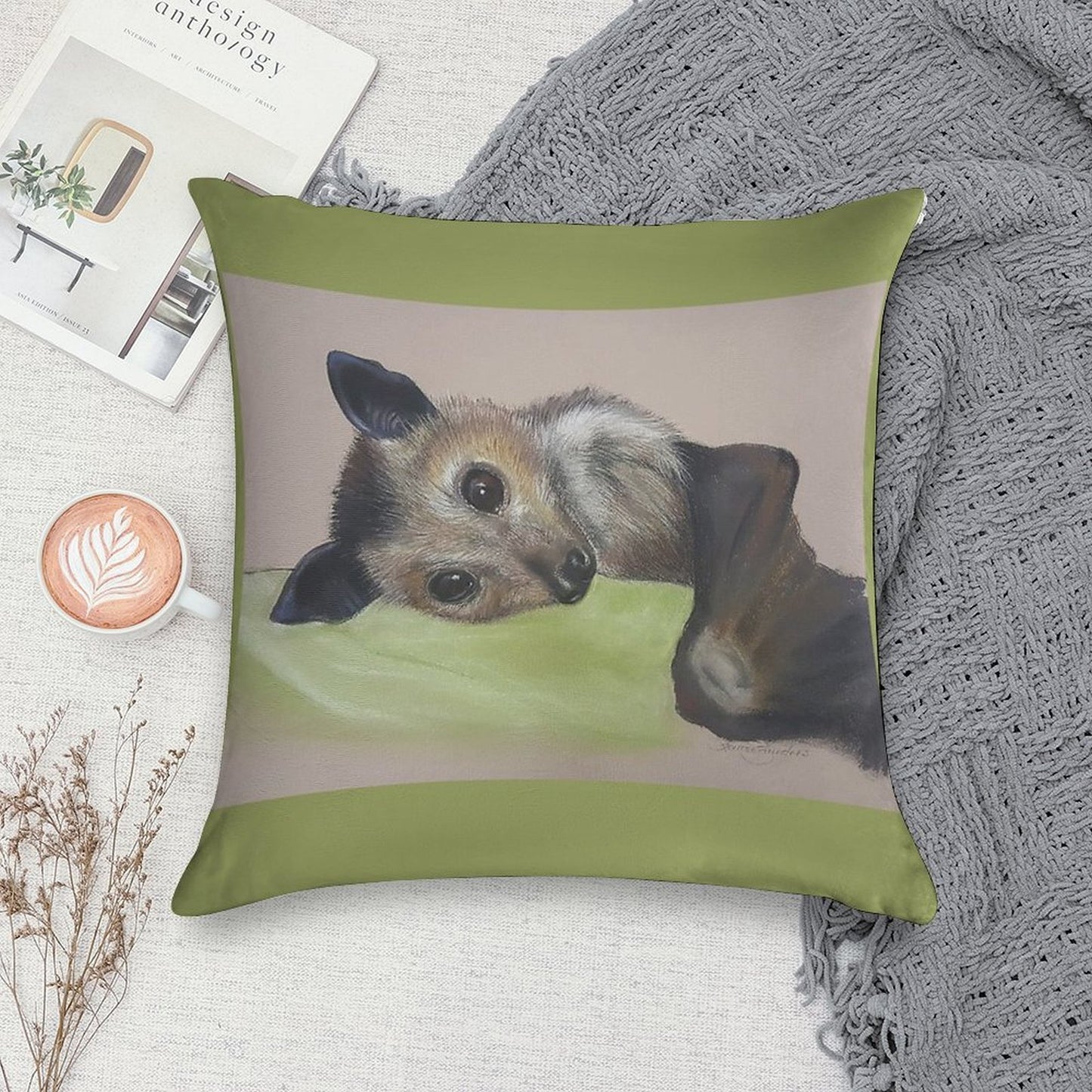Batzilla - Safely Resting by Louise Saunders Soft Durable Construction Throw Pillow