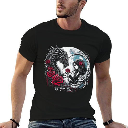 Gothic Dragon And Rose Full Moon Mystical Dark Fantasy Art Premium  Fade-proof Color T-Shirt