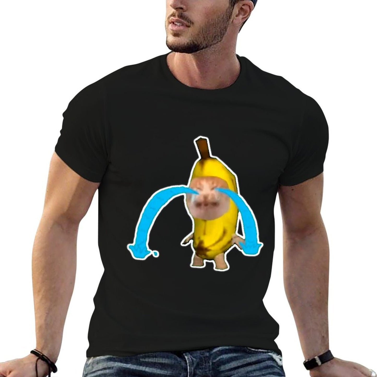 Crying Banana Cat Meme  Rolled Sleeves T-Shirt