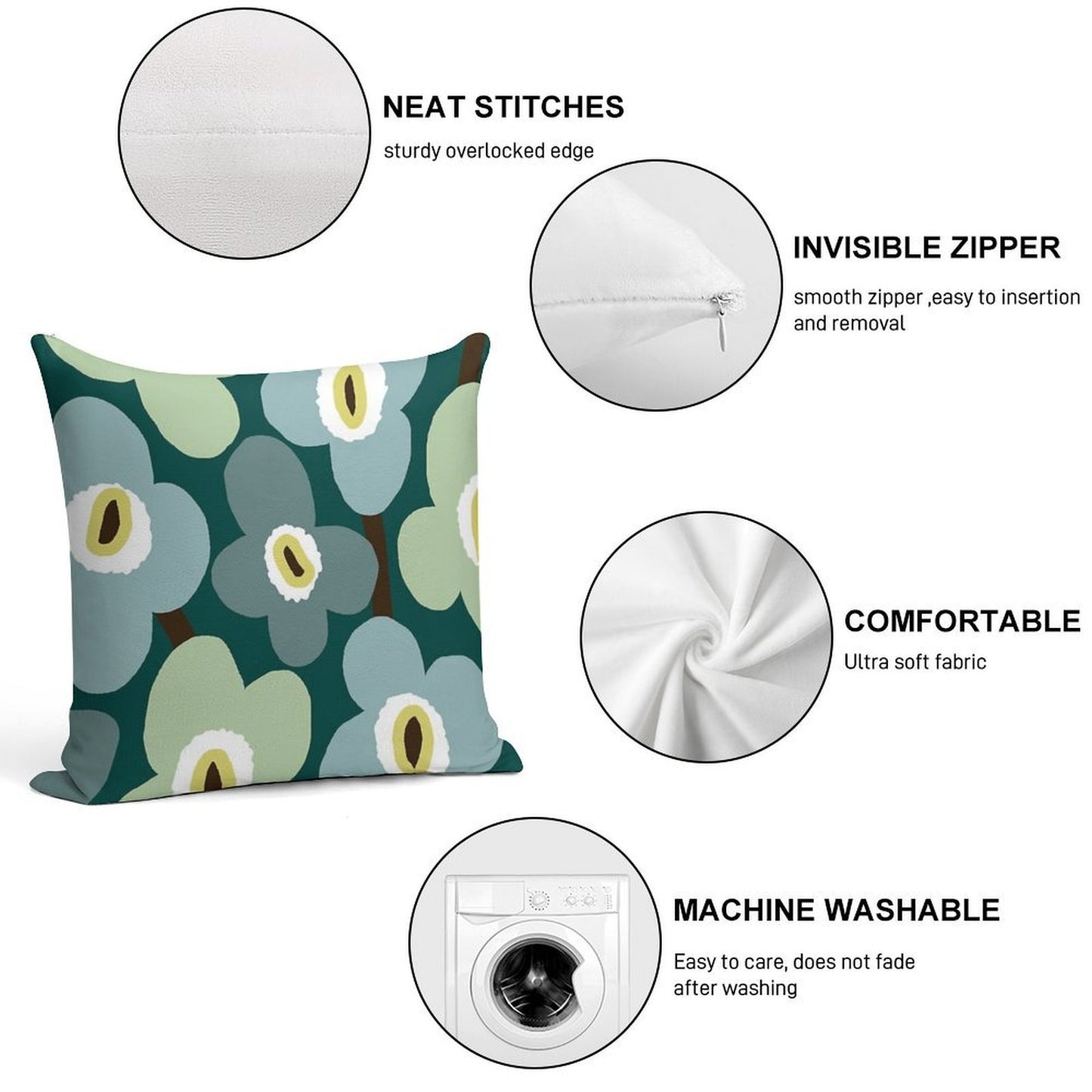 Iconic Retro Scandinavian Floral Pattern in Green And Blue Soft Gift Ready Throw Pillow