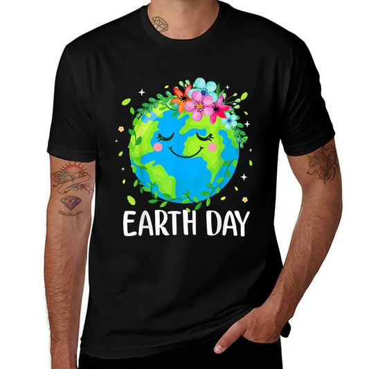 Happy Earth Day Cute Earth With Floral Earth Day 2025  Fade-proof Color T-Shirt