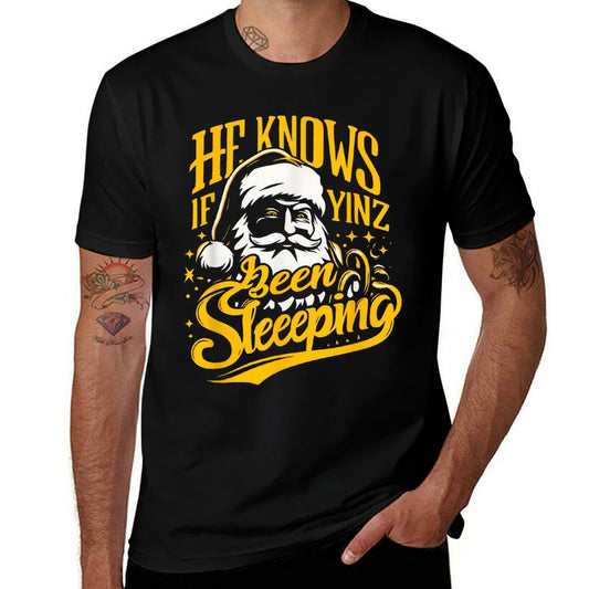 Yinzer Pittsburgh Christmas He Knows If Yinz Been Sleeping  Lightweight T-Shirt