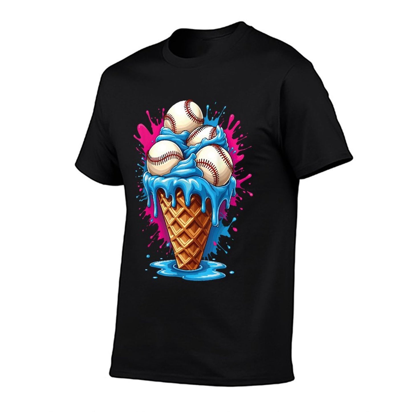 Baseball Ice Cream Funny Ice Cream Baseball Drip Watercolor  Ribbed Collar T-Shirt