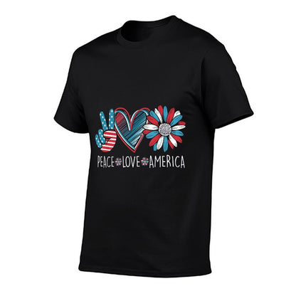 Peace Love America Daisy 4th July Patriotic US American  Ribbed Collar T-Shirt