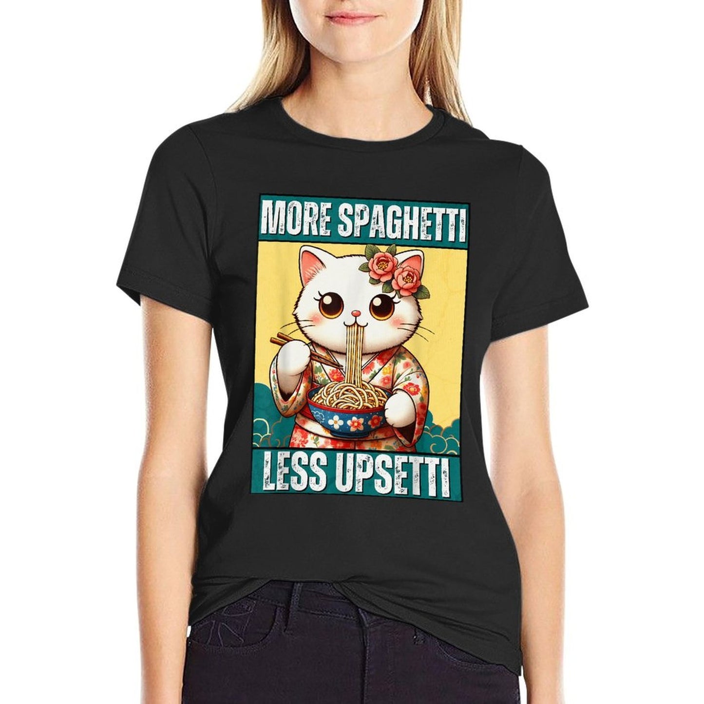 More Spaghetti Less Upsetti Funny Cat Eats Spaghetti Meme Men Women  Relaxed-fit T-Shirt
