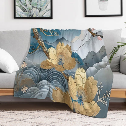 Kintsugi Japanese Floral Gold Botanical Art Anti-pilling Throw Blanket