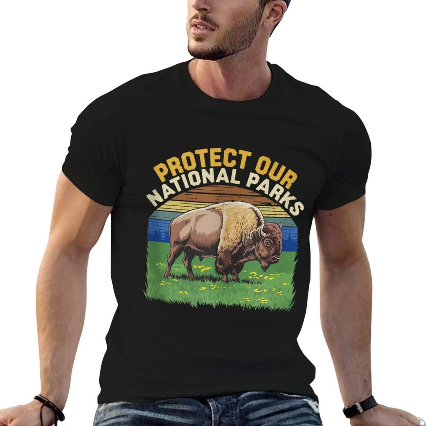 Protect Our National Parks Bison Sunset Landscape  Slim-fit Cut T-Shirt