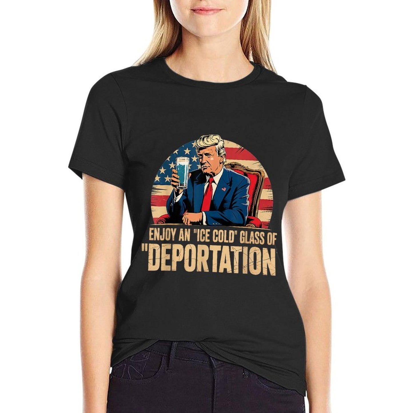 ICE Enjoy An Ice Cold Glass Of Deportation  Ribbed Collar T-Shirt