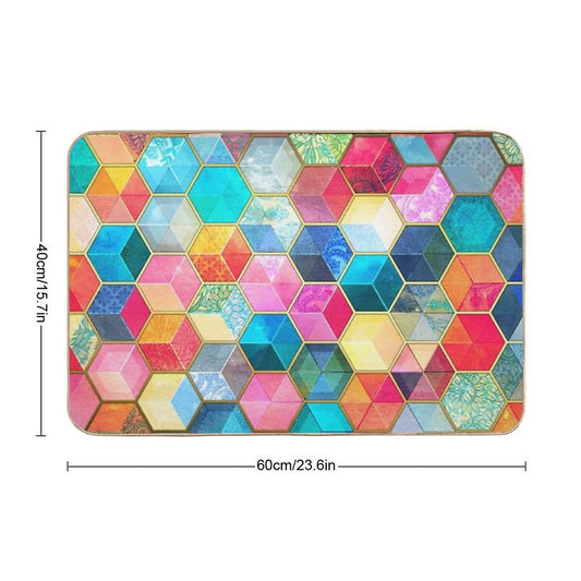 Crystal Bohemian Honeycomb Cubes - Colorful Hexagon Pattern  Non-Slip Bath Mat