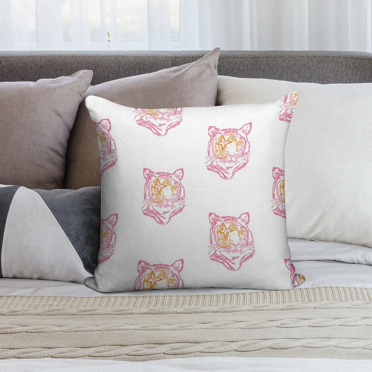 Pink And Orange Star Tiger Soft Decorative Cover Throw Pillow
