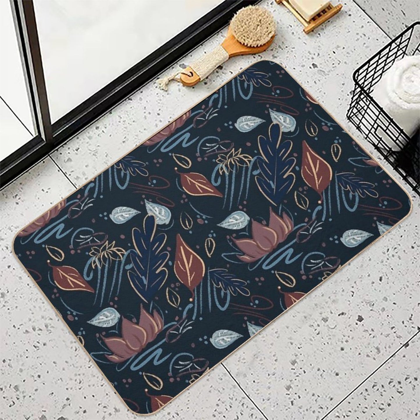 Leaves And Lotus Flower in Blue Blush And Brown (navy)  Absorbent Bath Mat