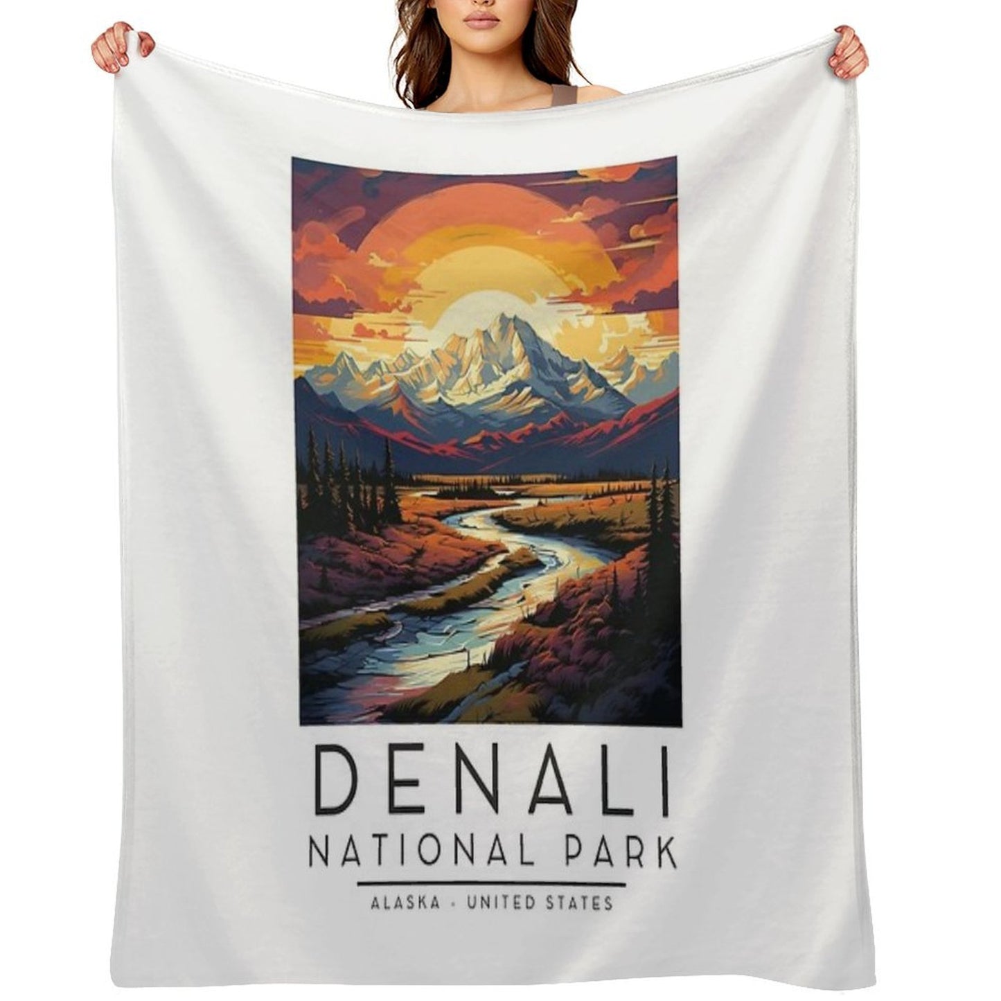 A Vintage Illustration of Denali National Park - Alaska - United States Plush Throw Blanket