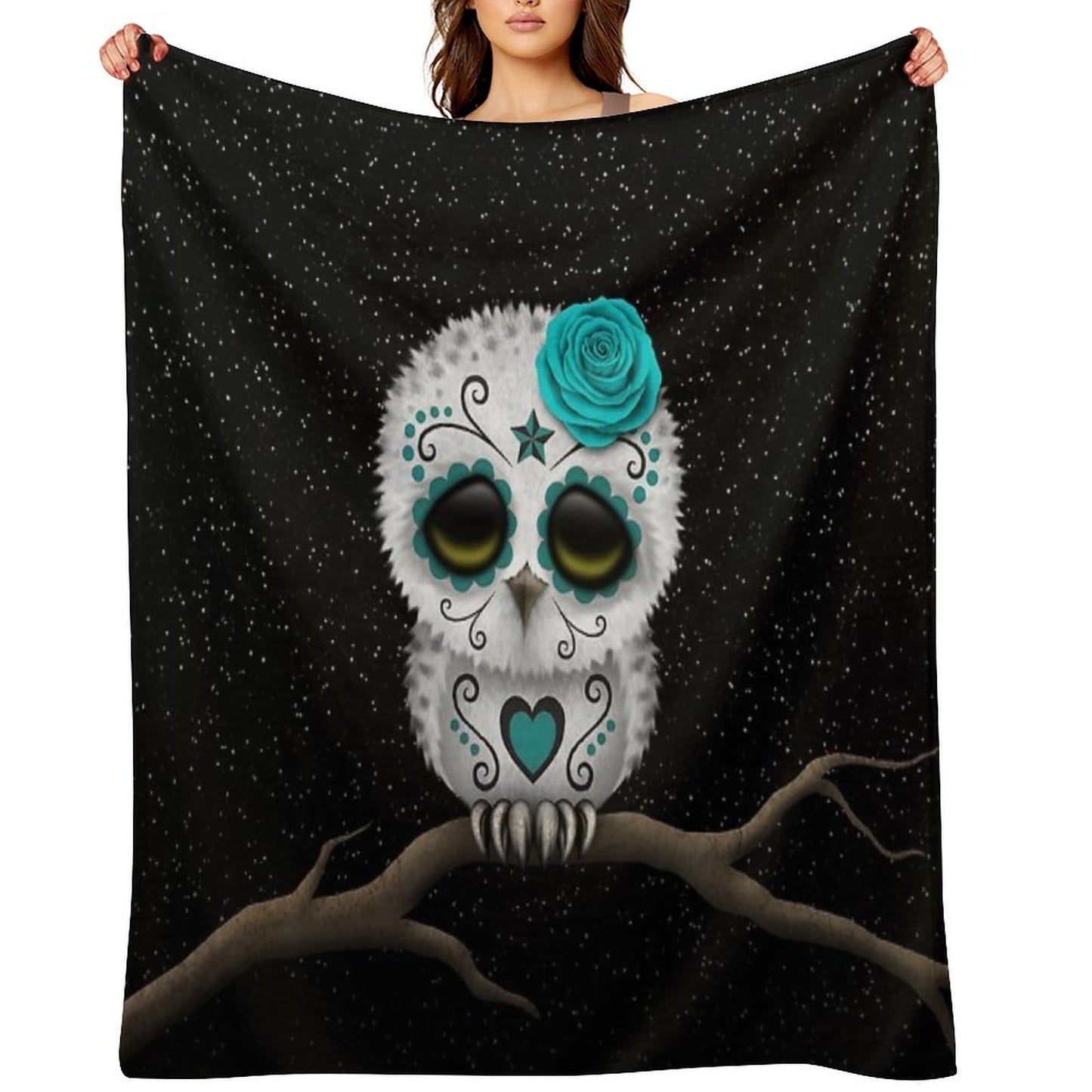 Cute Teal Blue Day of The Dead Sugar Skull Owl Compact Throw Blanket