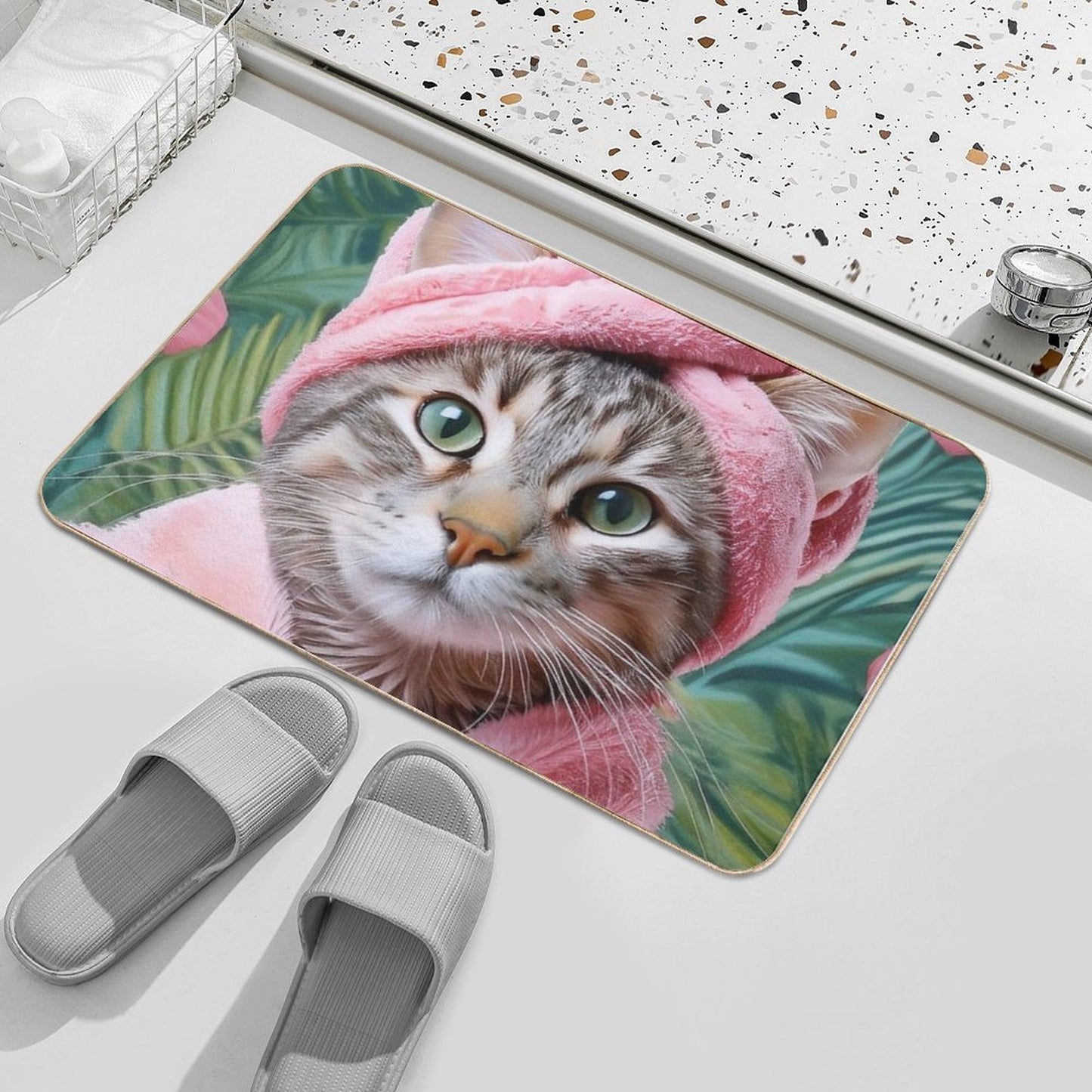 Relaxing Cat in Pink Robe And Towel Spa-Themed Cat Portrait  Odorless Bath Mat