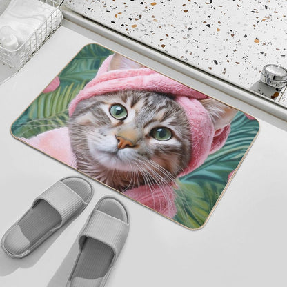 Relaxing Cat in Pink Robe And Towel Spa-Themed Cat Portrait  Odorless Bath Mat
