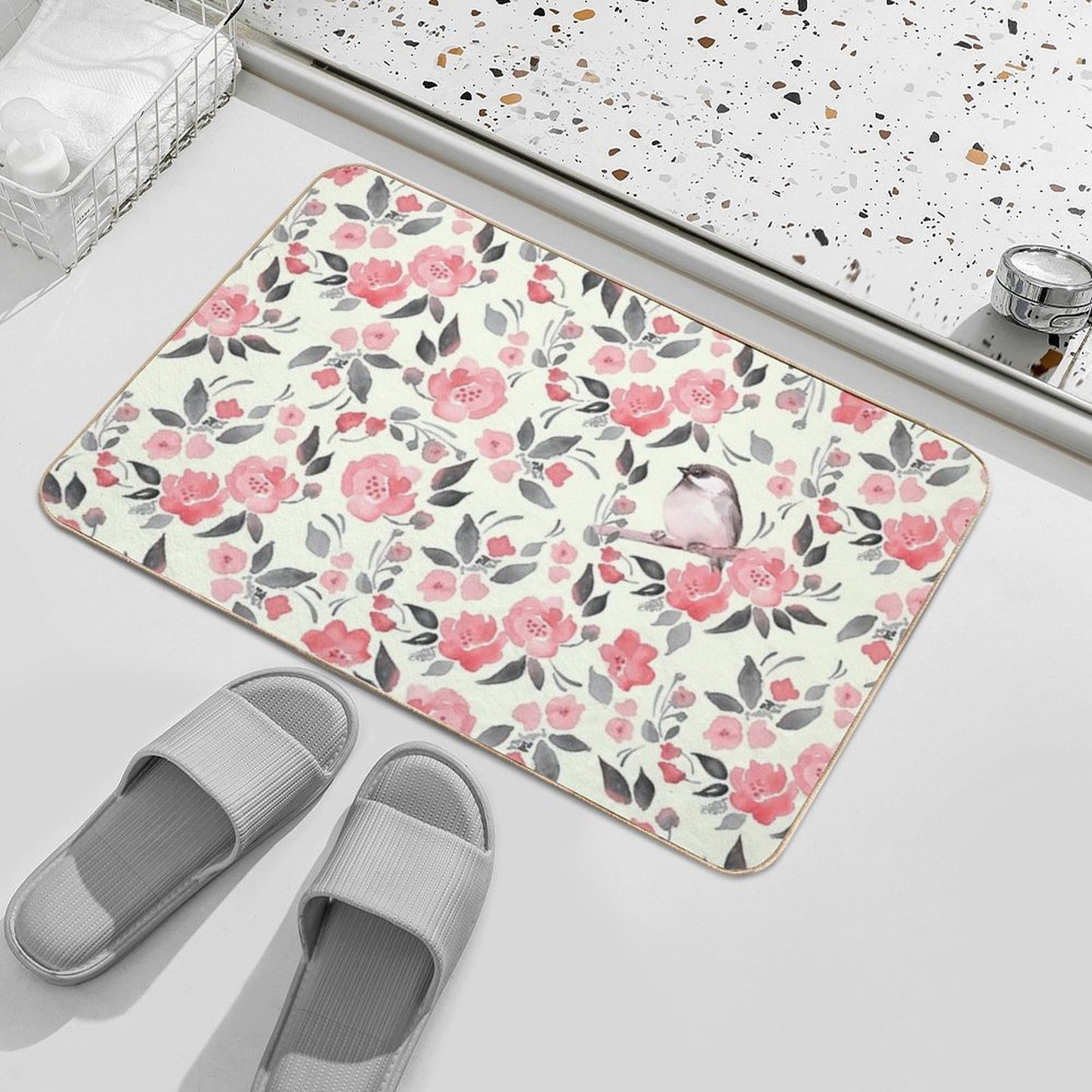 Bird And Red Flowers. Spring Watercolor Pattern  Slip-Resistant Bath Mat