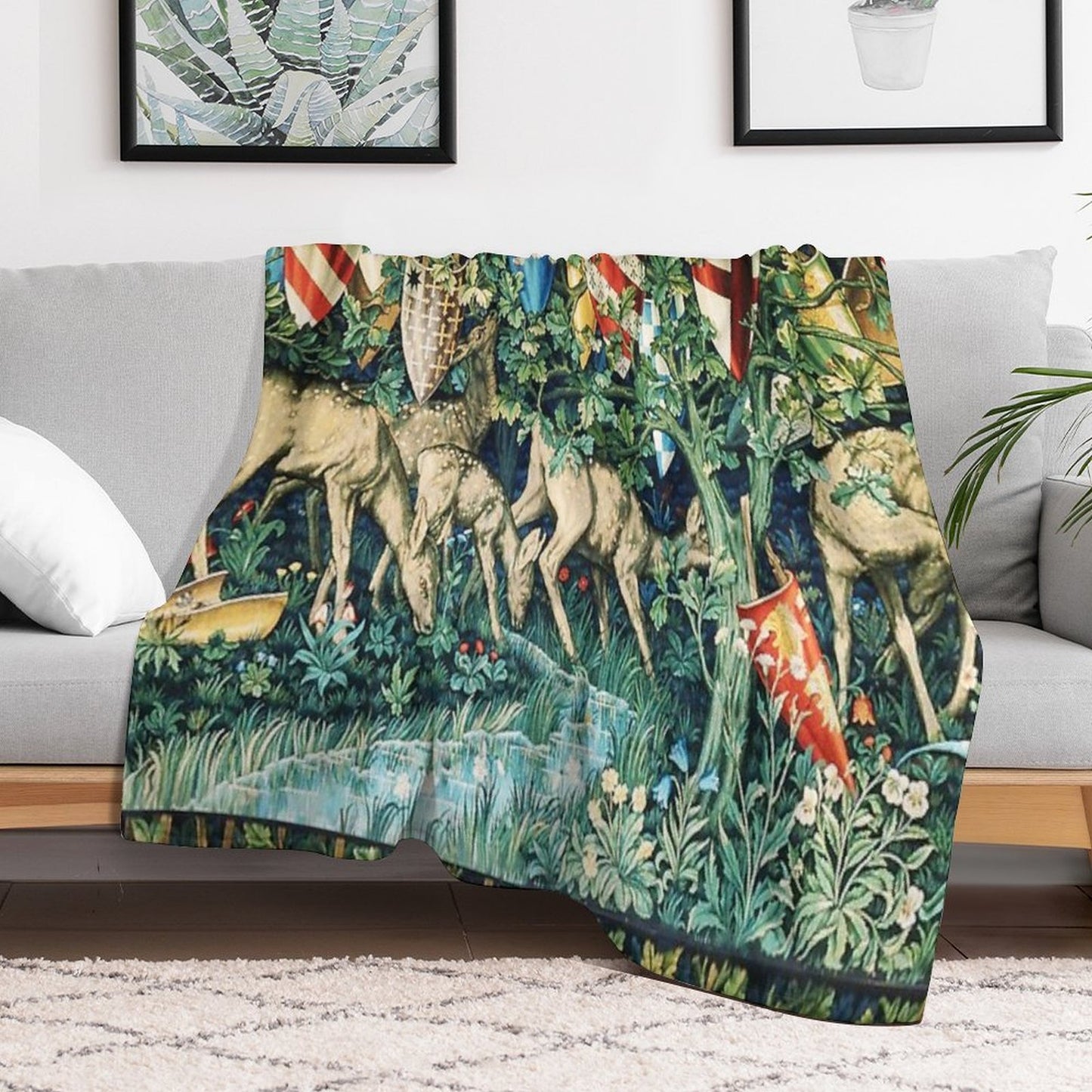 Holy Grail Tapestry,Verdure with Deers,and Shields in Green Floral Wrinkle-free Throw Blanket
