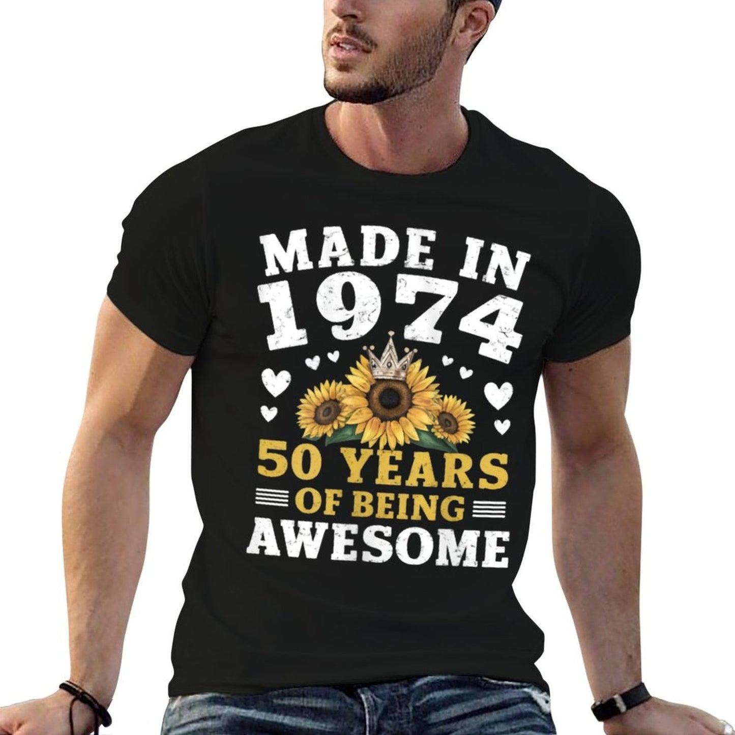 Womens 50 Year Old Made In 1974 Sunflower 50th Birthday  Ribbed Collar T-Shirt