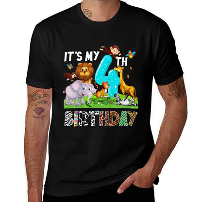 Kids It's My 4th Birthday Zoo Jungle Safari 4 Years Old Animals  Oversized Silhouette T-Shirt