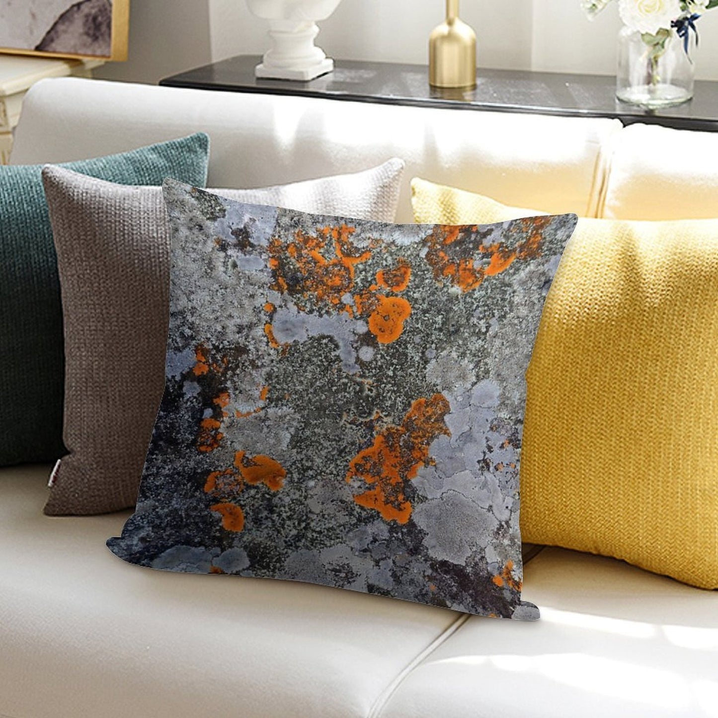 Orange And Grey Lichen Soft High-Density Material Throw Pillow