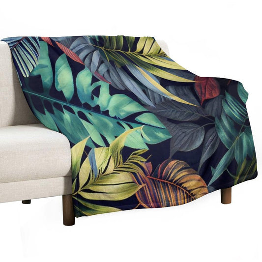 Camryn - Watercolor Leaf Leafs Abstract Painting Pattern in Green, Black, Brown, White Yellow, Blue, Cream, Light Easy Care Throw Blanket