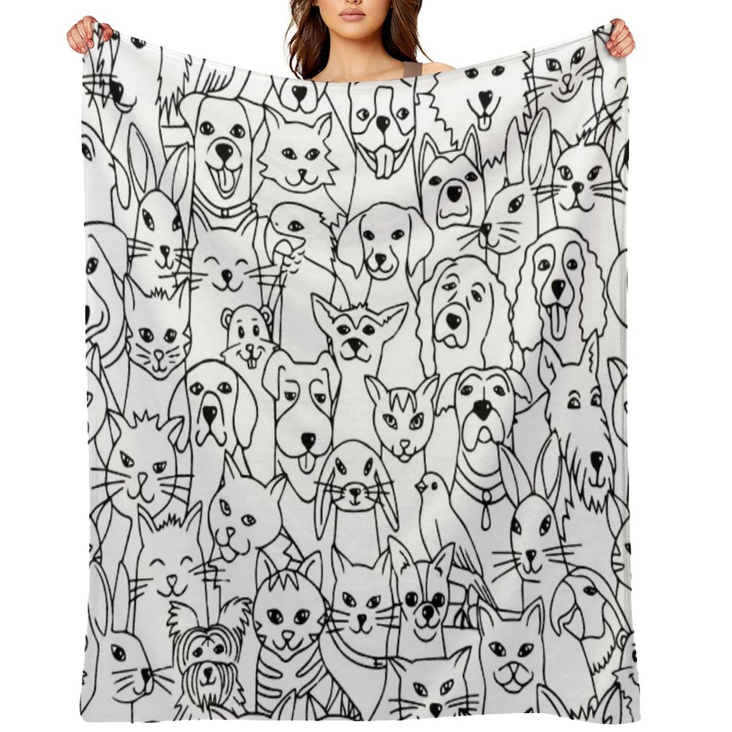 Funny Pattern with Cute Pets Dogs, Cats, Birds, Rabbits, Hamster Female Child Male Animal Lover Shrink-resistant Throw Blanket