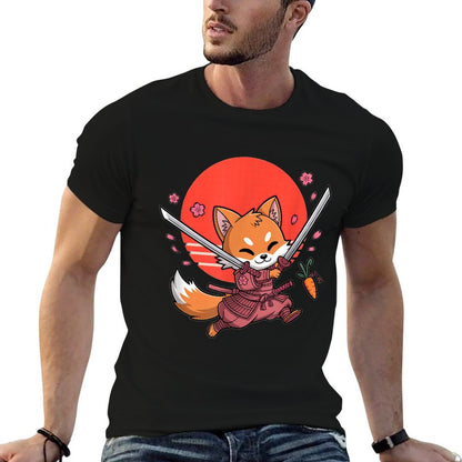 Kawaii Samurai Fox with Swords And Sakura Blossoms  High-quality Stitching T-Shirt