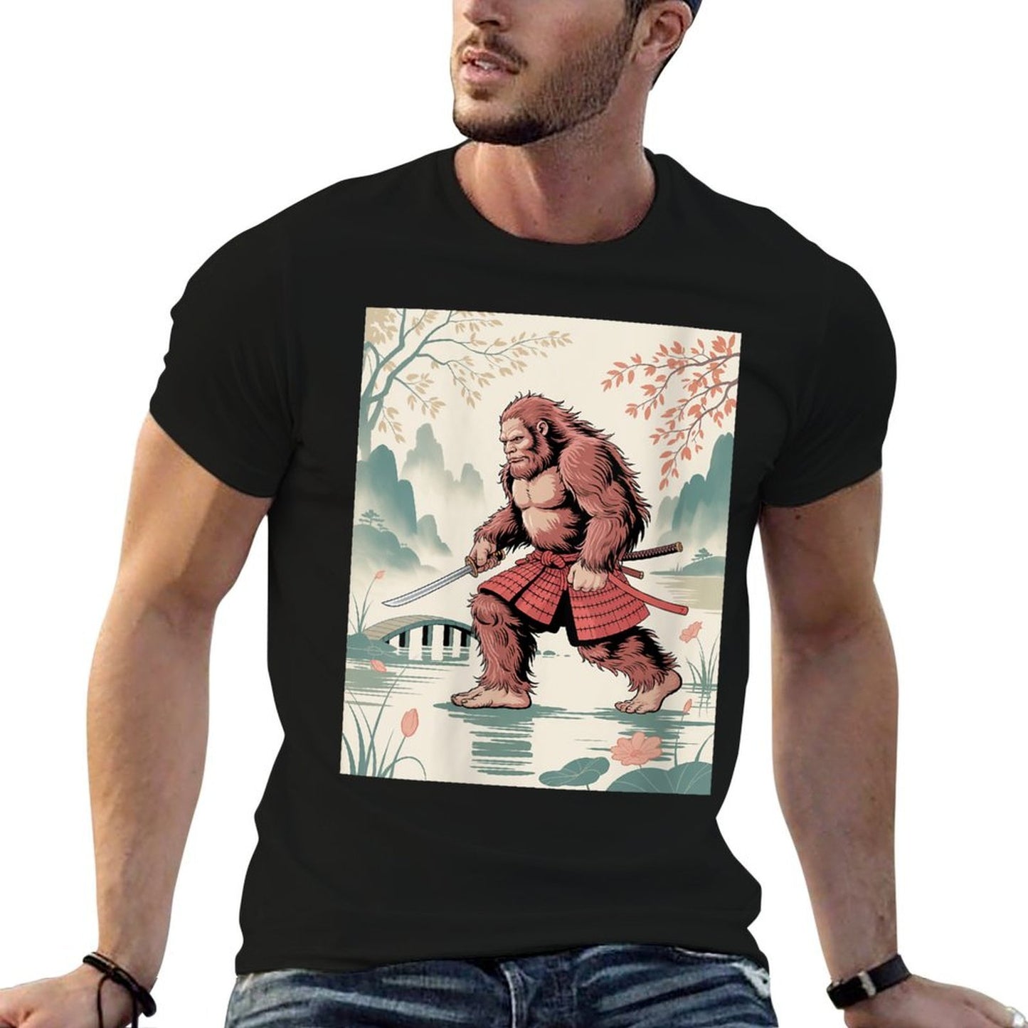 Womens Samurai Bigfoot Ukiyo-e Art Japanese Vintage Graphic Funny  Polyester Blend T-Shirt
