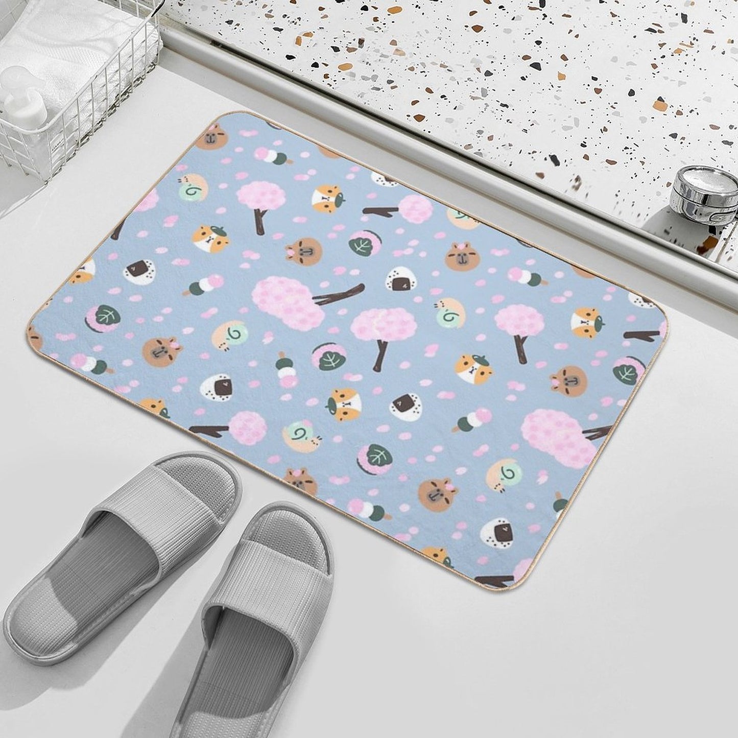 Bubu And Moonch Sakura Season Pattern  Non-Slip Bath Mat