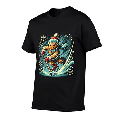 Gingerbread Playing Ice Hockey Lovers Boys Girls Christmas  Fade-proof Color T-Shirt