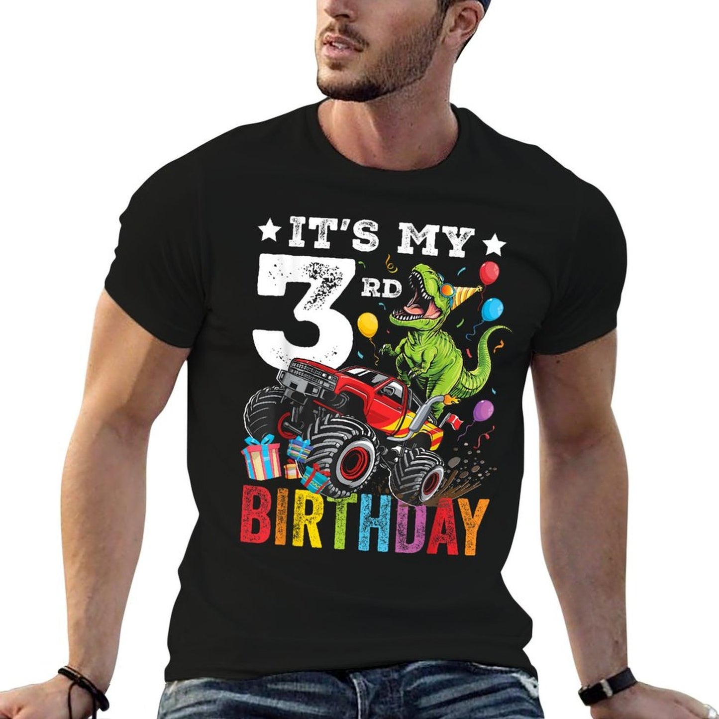 Three 3rd Birthday Dinosaur Monster Truck  Summer-ready Fabric T-Shirt