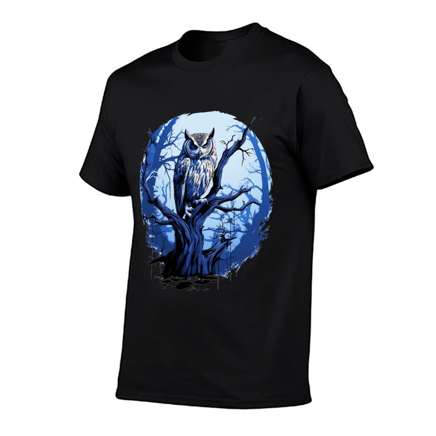 Twilight Blue Impressionist Owl on Skeletal Tree  High-quality Stitching T-Shirt