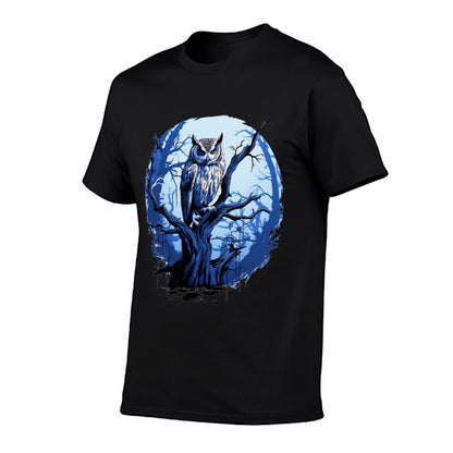 Twilight Blue Impressionist Owl on Skeletal Tree  High-quality Stitching T-Shirt