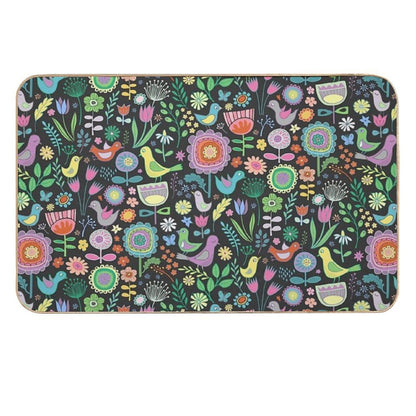 Birds And Blooms - Pastels on Black - Pretty Floral Bird Pattern by Cecca Designs  Slip-Resistant Bath Mat