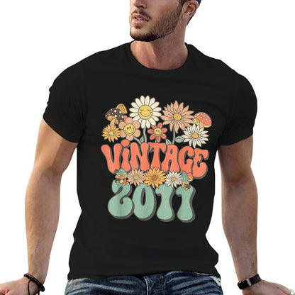 Vintage 2011 Floral Hippie Groovy Daisy Flower 14th Birthday  Ribbed Collar T-Shirt