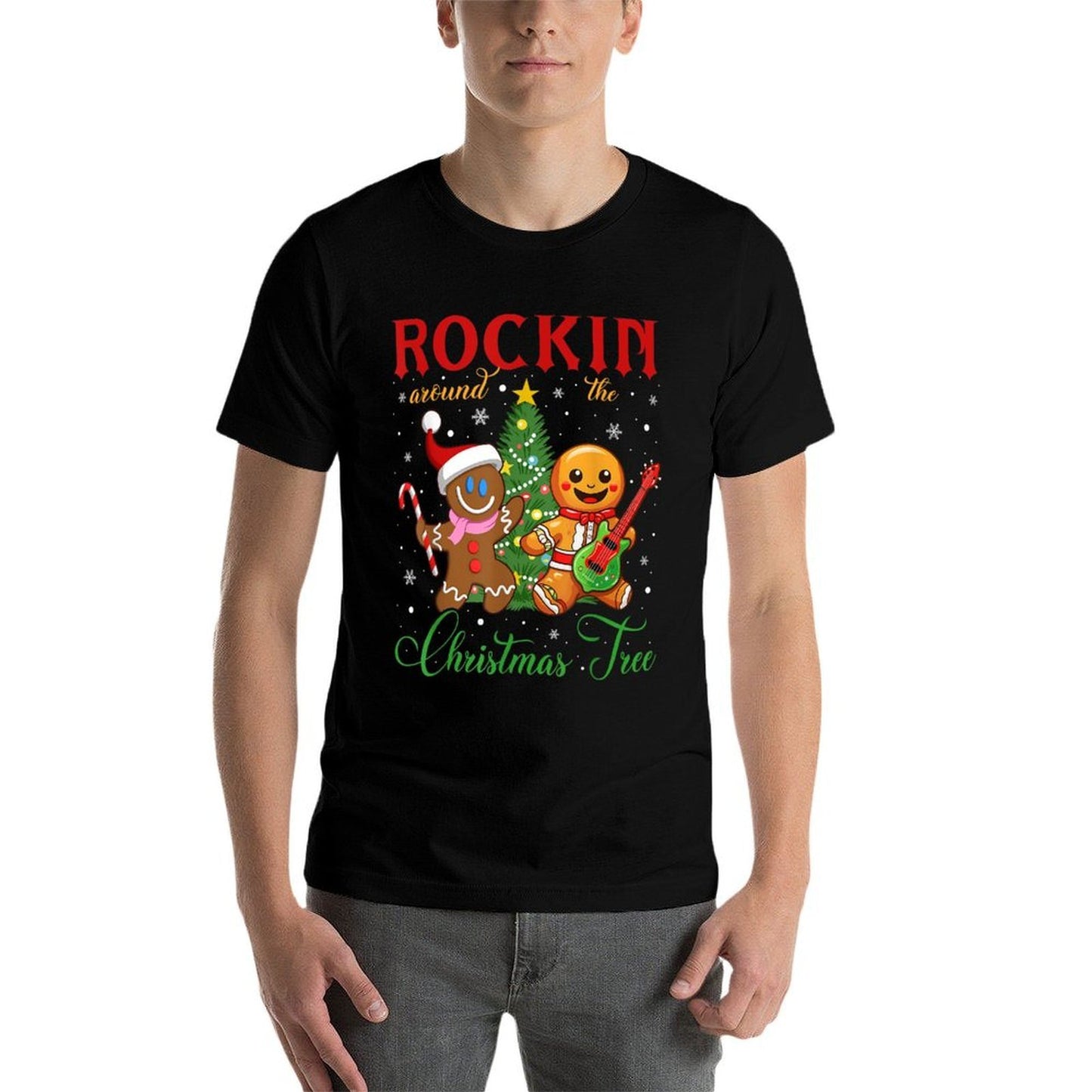 Rocking Around The Christmas Tree Gingerbread Rock  Roll  Fade-proof Color T-Shirt